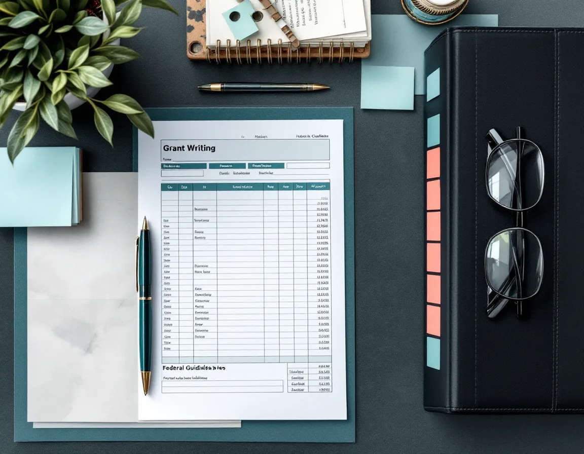 Overhead view of a budget spreadsheet, pen, reading glasses and tabbed guidelines binder on a desk
