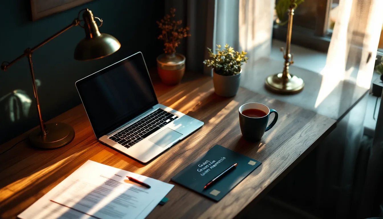 An evening desk with a marked-up narrative, laptop, tea and lamp light